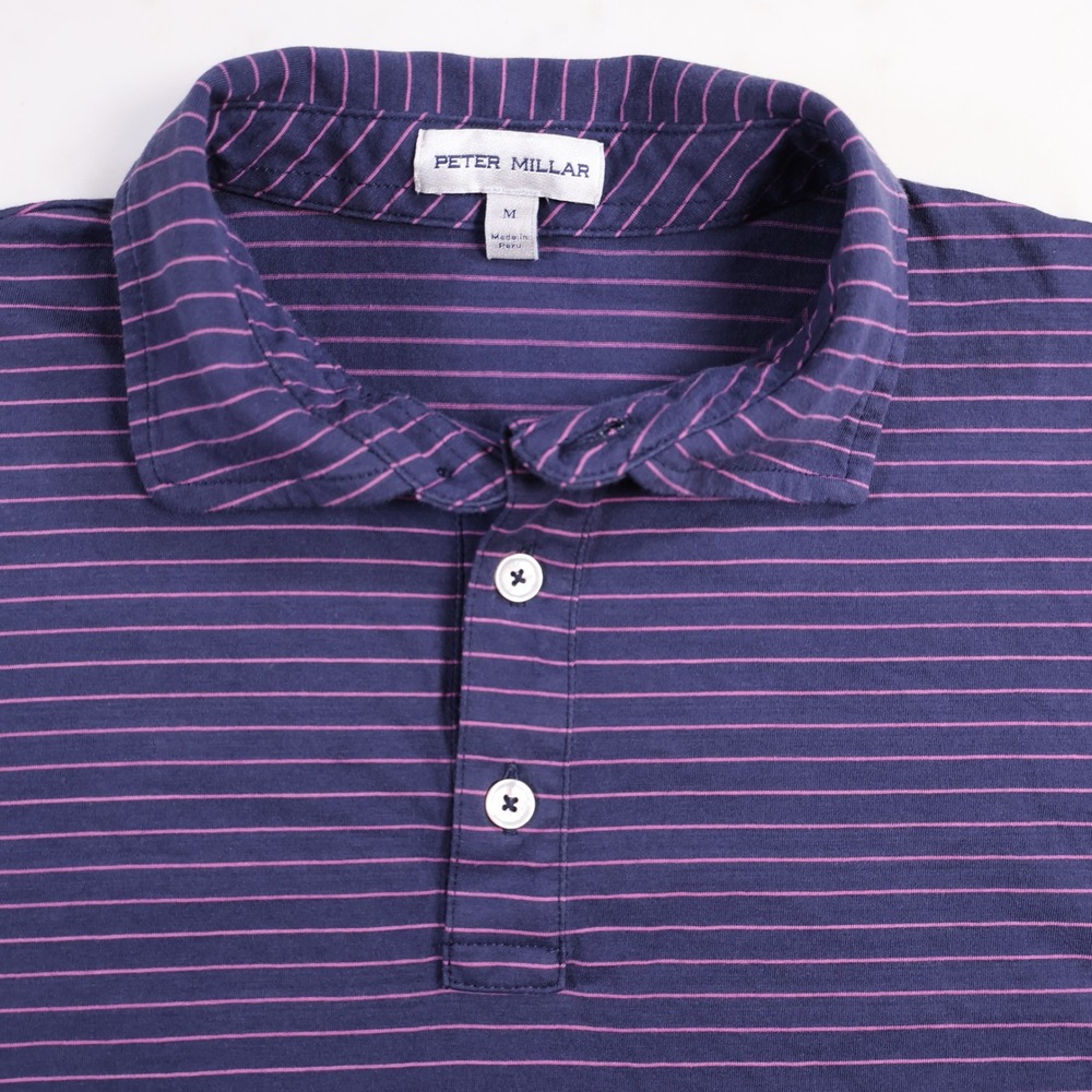 Peter Millar Mens Medium Polo Shirt Navy Blue Pink Striped Pima Cotton Short Slv